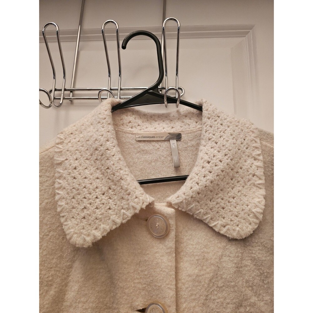 Classiques Entier Jacket M Crochet Button Up 100% Wool Beige Long Holiday Coat - Picture 8 of 10